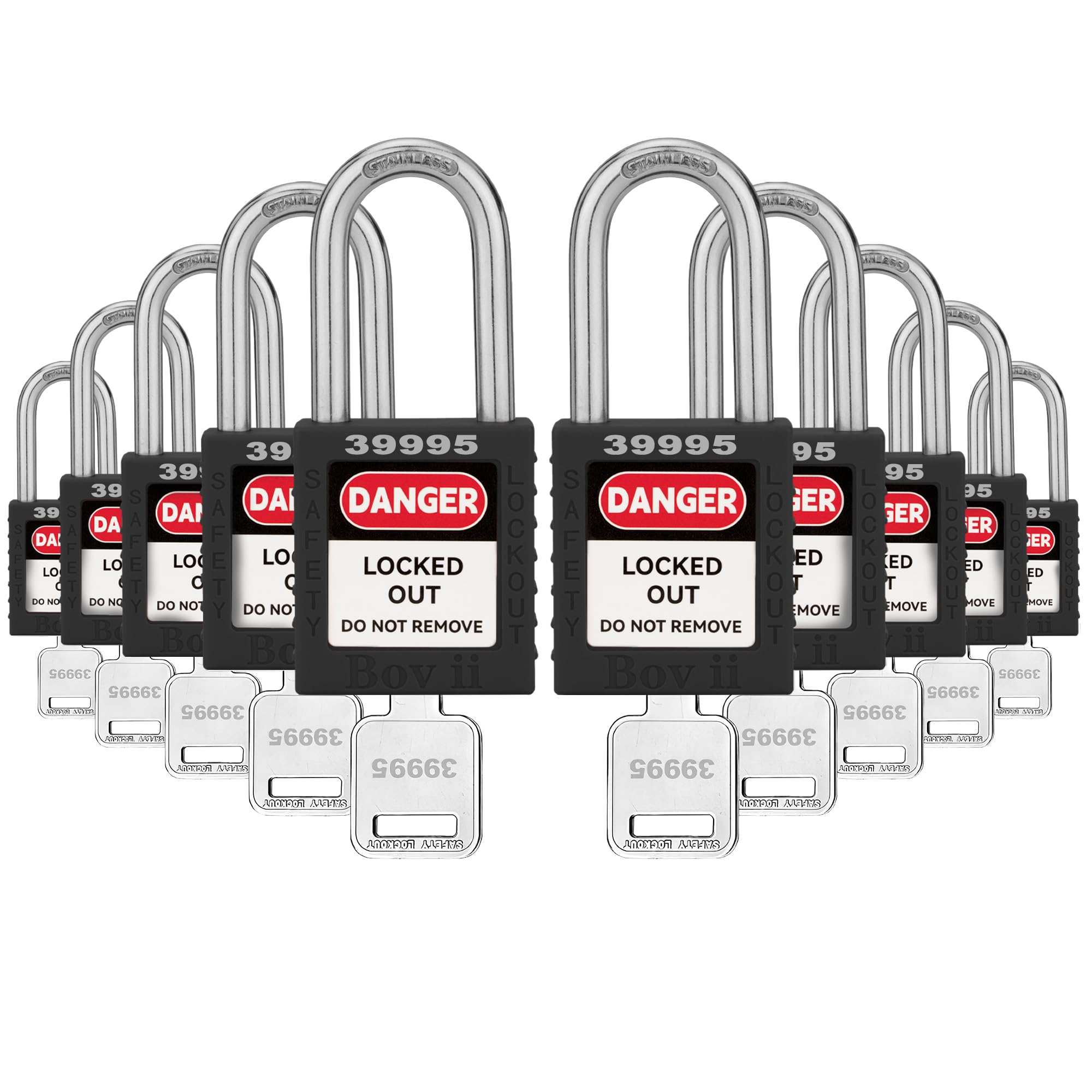 Juego de 10 cerraduras de bloqueo negras, cerraduras Loto con llave igual, 1 llave por cerradura, cerraduras de bloqueo compatibles con OSHA