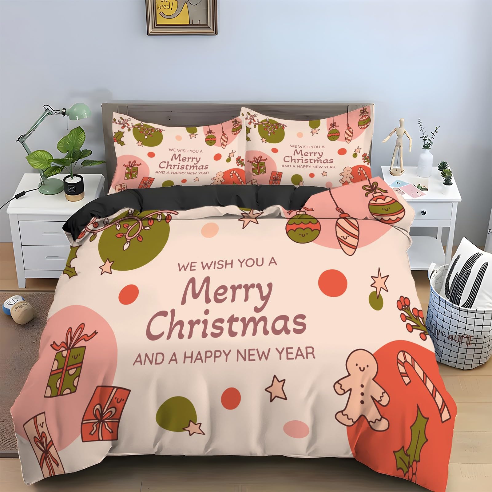 Housse de couette 160x200 microfibre douce avec zip motif biscuits de Noël