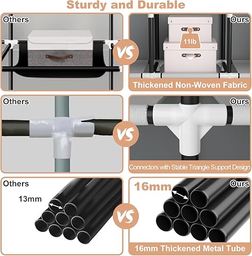 Miniatura 6 de VTRIN Armario portátil para colgar ropa con 4 estantes de almacenamiento, 2 varillas para colgar y 6 bolsillos, estante de ropa estable y de fácil