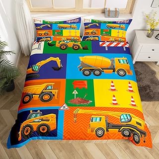Cartoon Car Boys Duvet Cover Set Queen Size Excavator Tractor Truck Bedding Set 3pcs Kids Teens Bedroom Decor Construction Vehicles Comforter Cover Colorful Patchwork Plaid Quilt Cover,2 Pillowcases
