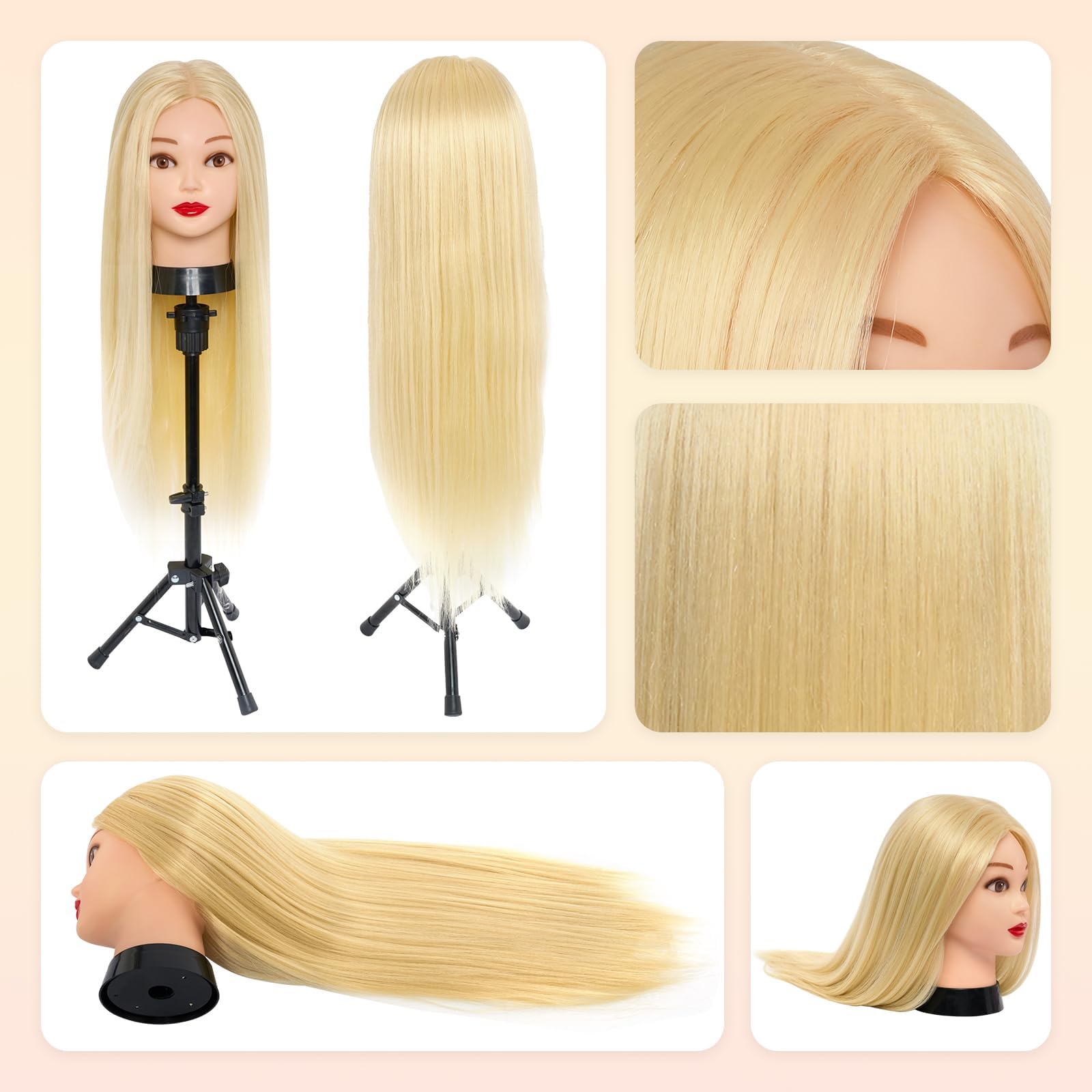 Głowica fryzjerska ze stojakiem, 50% naturalne włosy, Neverland, głowa do ćwiczeń, 66 cm, fryzury, główki treningowe dla fryzjerów, uchwyt na blond it + zestaw do samodzielnego wykonania włosów