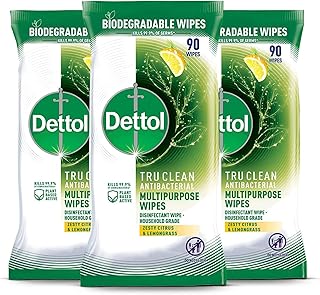 Dettol Tru Clean Antibacterial Zesty Citrus and Lemongrass Multipurpose Wipes 90 Sheet (Pack of 3)
