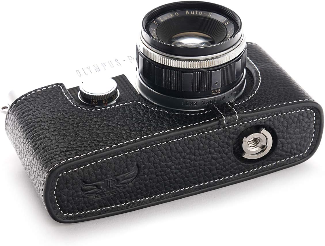 Pen-FT Case, BolinUS Handmade Genuine Real Leather Half Camera Case Bag Cover for Olympus Pen-FT Film Camera with Hand Strap (Black)