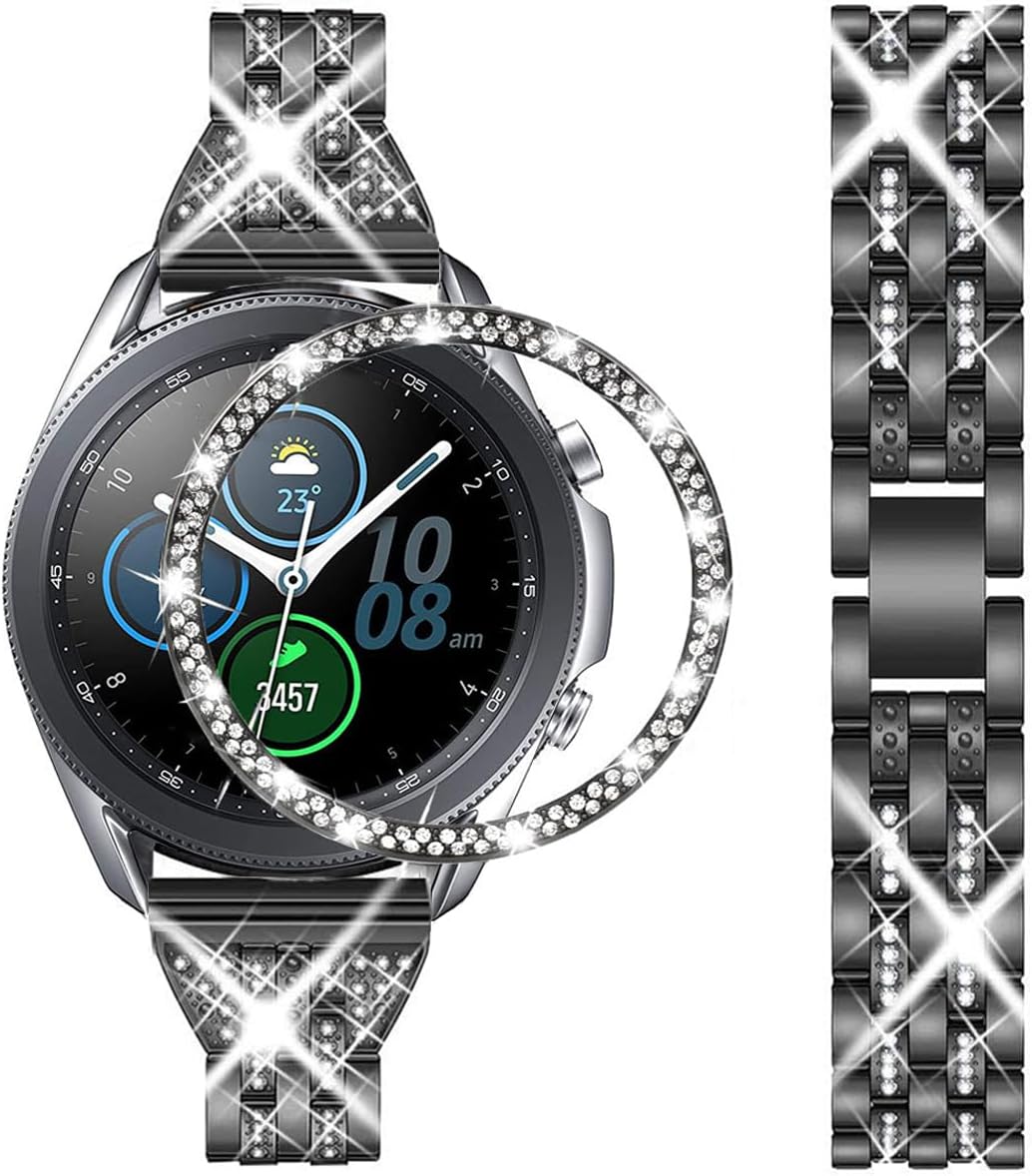 Bands Compatible with Samsung Galaxy Watch 3 (41mm), 20mm Luxury Diamond Stainless Steel Metal Bracelet with Rhinestone Bezel Ring Case Cover Replacement for Women Men