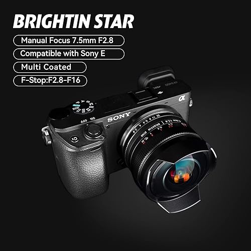 Miniatura 6 de Brightin Star Lente ojo de pez ultra gran angular F2.8 III de 0.295 in para cámaras Sony E-Mount sin espejo, enfoque manual Prime APS-C lente apto