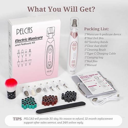 Miniatura 8 de PELCAS Lima de uñas eléctrica, molinillo de uñas de 5 velocidades para uñas gruesas, taladro de uñas inalámbrico, kit de manicura y pedicura con luz