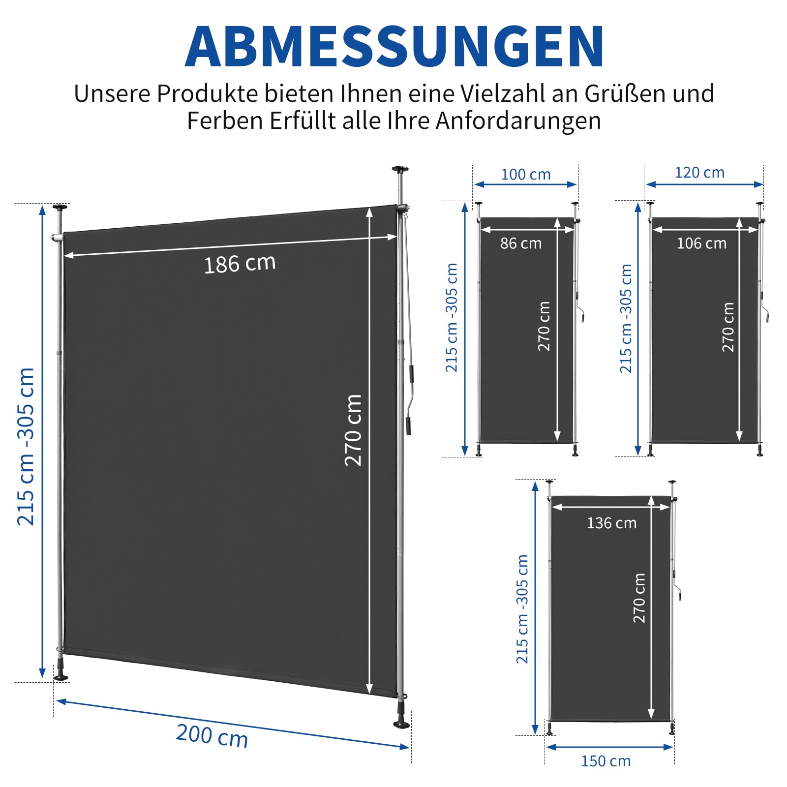 LEADZM Klemmmarkise Senkrechtmarkise 200x305 cm,Ausziehbar & Blickdicht, UV-Schutz 50+ & Wasserfest, Ohne Bohren mit Handkurbel für Garten, Terrasse, Balkon&Wohnzimmer,Anthrazit