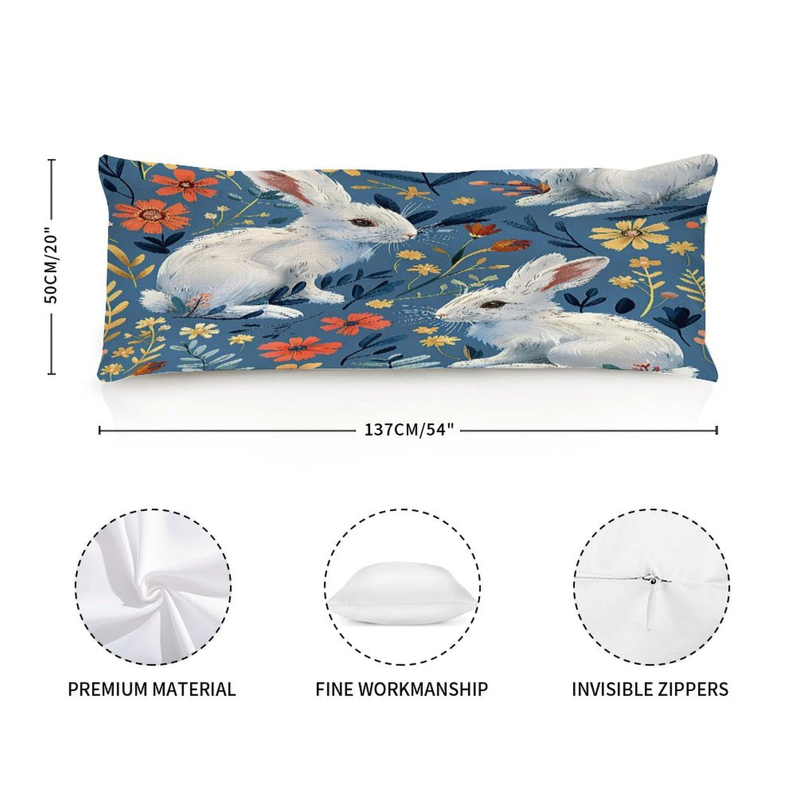 Long Pillow for Sleeping,Retro Rabbits and Floral Long Body Pillow with Zipper 20x54in,Decorative Rectangle Body Pillowcase Case for Bedding Bedroom Sofa Couch Home Decoration