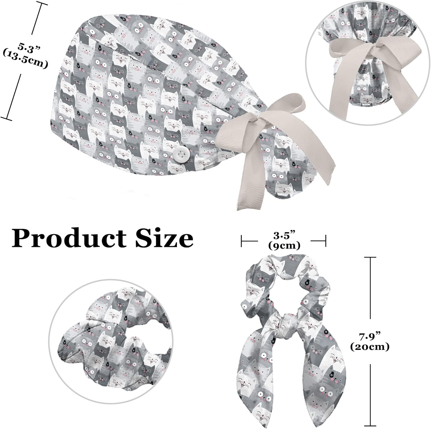 Nurse Scrub Caps for Women - Adjustable Ponytail Hat with Sweatband & Scrunchie | with Button Working Cap for Nurses - Image 2