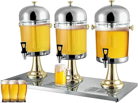 Cold Hot Juice Dispenser, 24L Stainless Steel Clear Glass Drink Dispenser, Commercial Beverage Dispenser Three Head Juicer Dispenser for Breakfast Buffet Bars Hotels,Gold