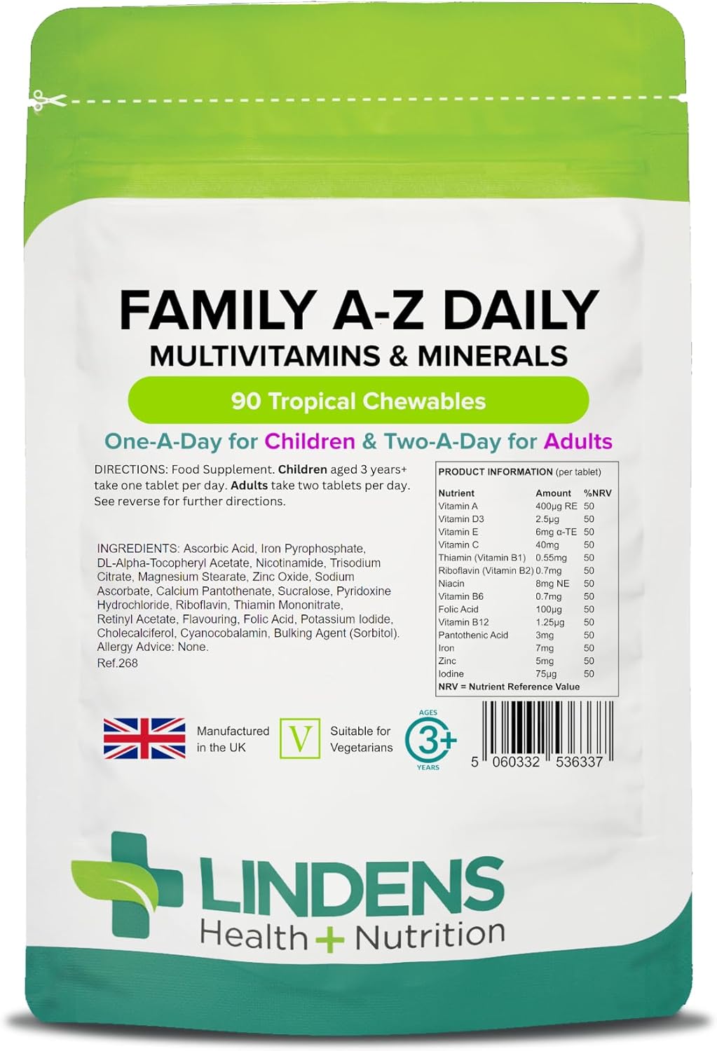 Lindens – Family A-Z Daily Multivitamins and Minerals – 90 Chewables for Adults and Children – UK Made – Tropical Flavour – Healthy Growth, Development & Immune System – Letterbox Friendly, Vegan