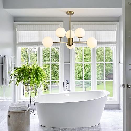 Miniatura 4 de BOKT Lámpara Sputnik de 6 luces moderna de globo grande de mediados de siglo, lámpara colgante dorada con vidrio blanco leche para cocina, lámparas