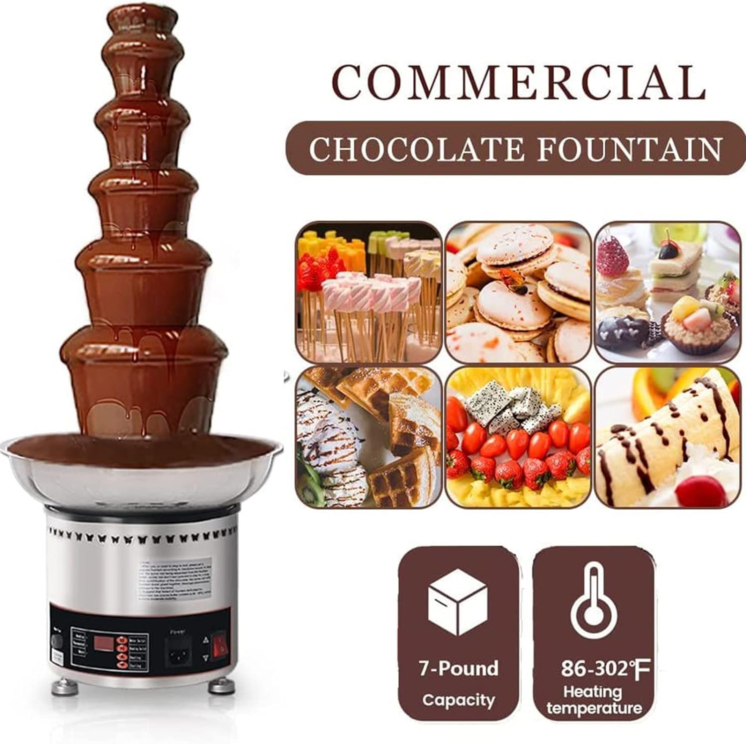 Fondue Fondue z czekoladą, 5-poziomowa fontanna czekoladowa ze stali nierdzewnej, cyfrowy wyświetlacz komercyjna elektryczna fontanna czekoladowa, pojemność 4 kg, łatwa w montażu, na przyjęcie weselne