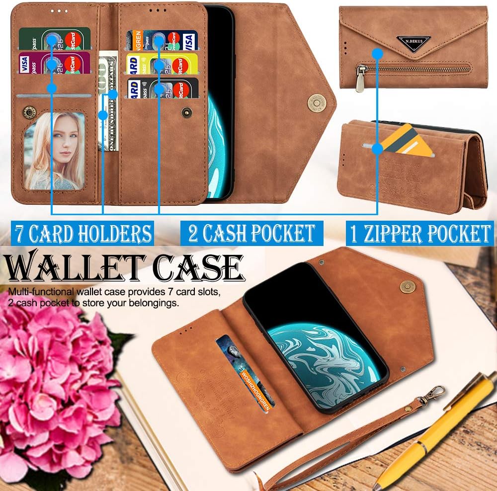 Kudex Galaxy Note 8 Wallet Case for Women,Envelope Book Design Flip Folio Leather Kickstand Protective Wallet Clutch Purse Case with 7 Card Holder Money Pocket Strap for Galaxy Note 8 2017(Brown)