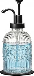 SheeChung 12Oz Vintage Glass Bathroom Soap Dispenser, Kitchen Dish Soap Dispenser with Pump, Refillable Liquid Hand Soap Bottle, Lotion, Antique Rustic Farmhouse Decor (Clear-Black Pump, 1 Pack)