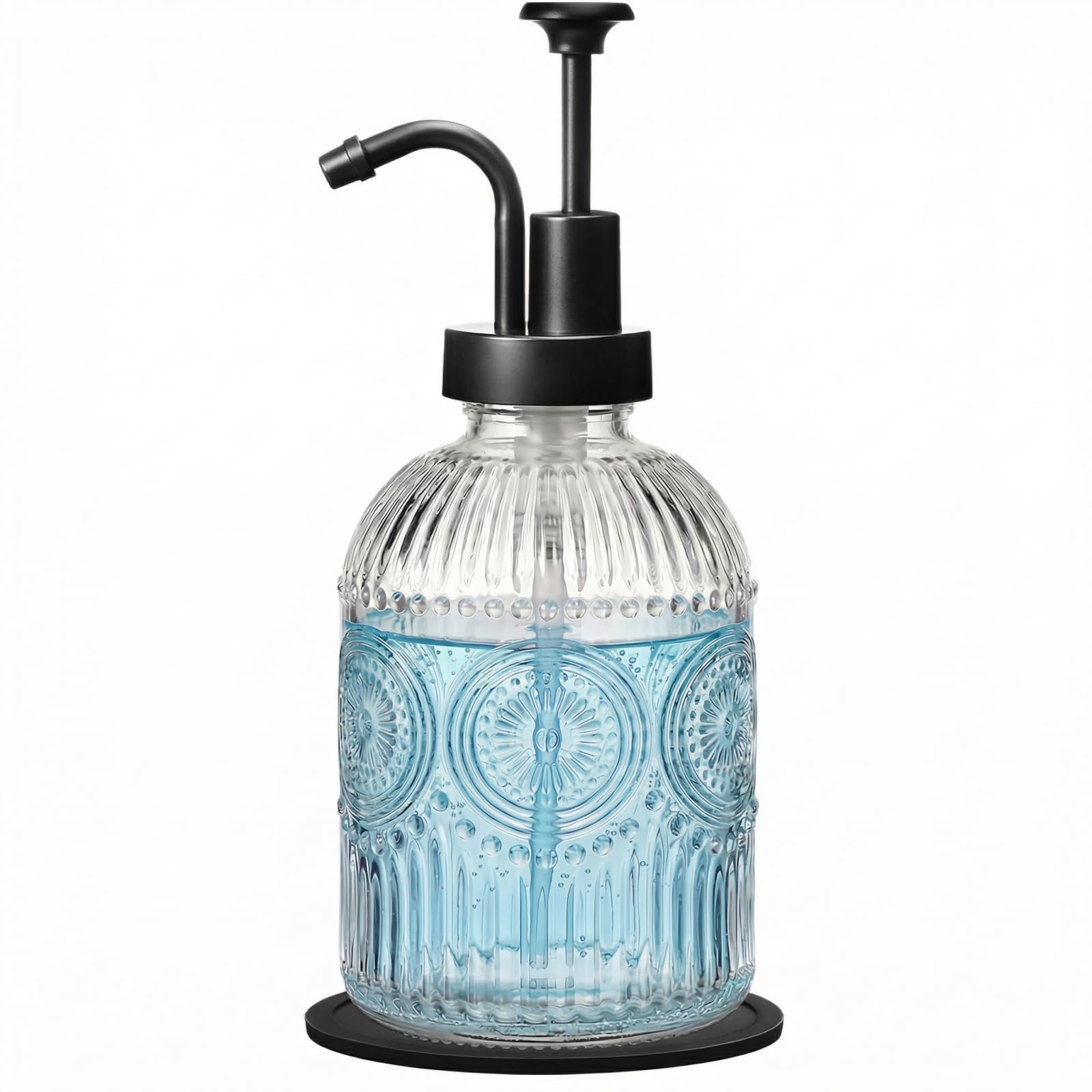SheeChung 12Oz Vintage Glass Bathroom Soap Dispenser, Kitchen Dish Soap Dispenser with Pump, Refillable Liquid Hand Soap Bottle, Lotion, Antique Rustic Farmhouse Decor (Clear-Black Pump, 1 Pack) - 1