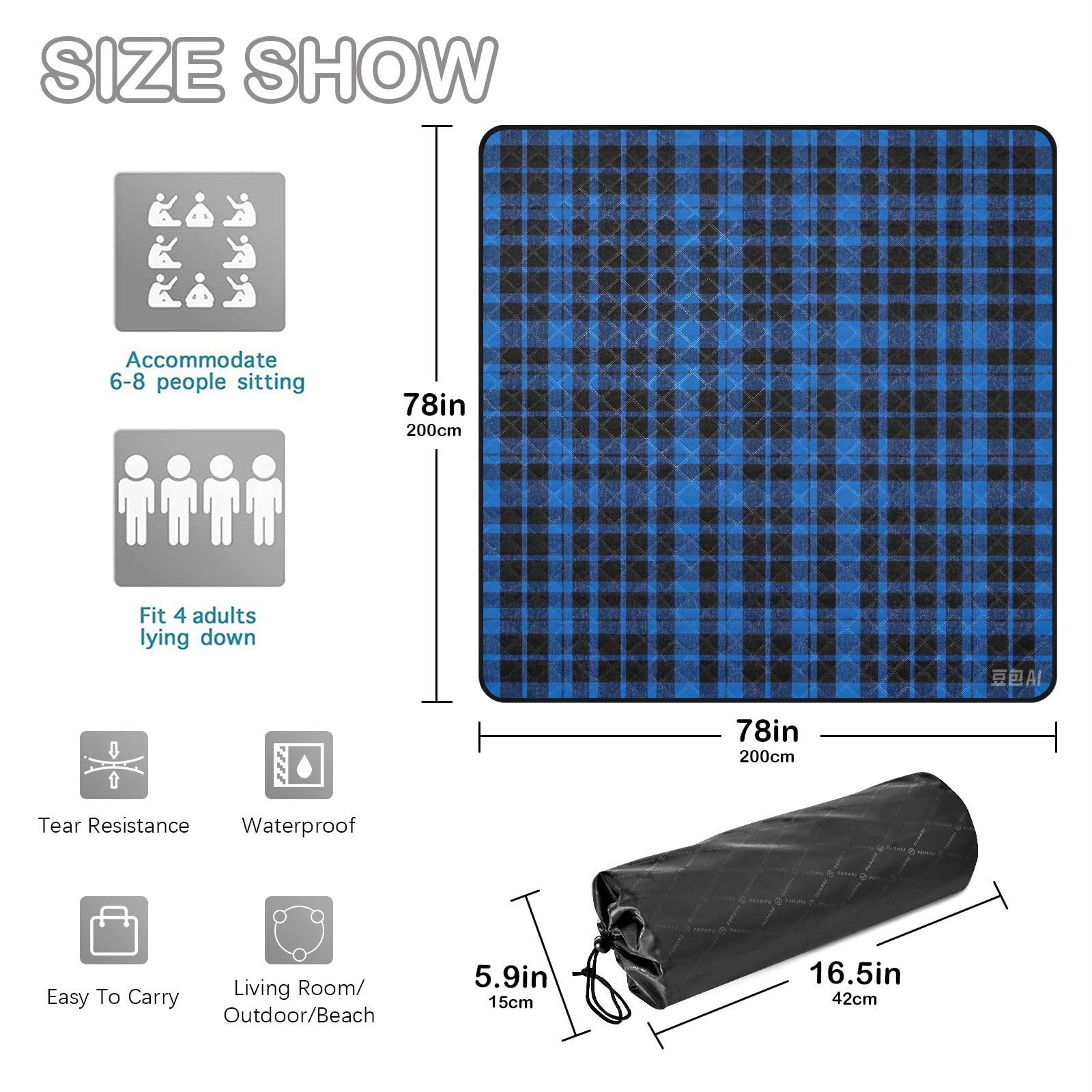 Vintage Buffalo Plaid w kratkę królewski niebieski duży koc piknikowy przenośna mata kempingowa na zewnątrz kobiety