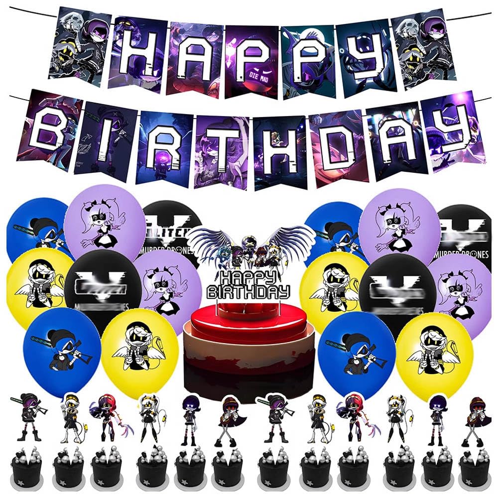Murders Drones Party Decorations 30pcs | Cyn Uzi N J V Figure Banner, Cake Topper, Balloons, Cupcake Toppers | Murders Drones Birthday Party Accessories Set