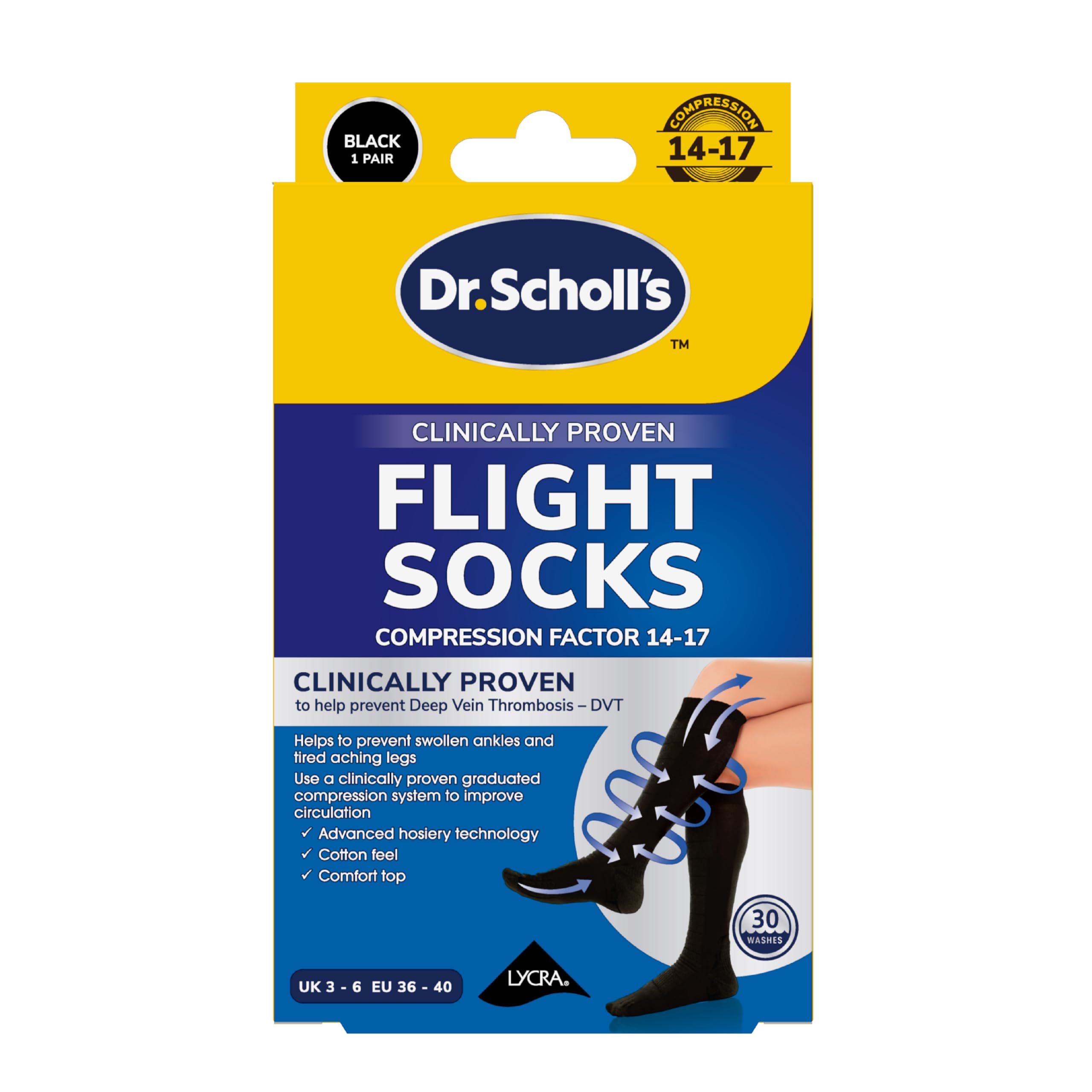 Comfortable Flight Socks - Compression Stocking for Travel - Enhances Blood Circulation - Reduces Swelling on Long Flights - Cotton Feel - Black - Size 3-6, 1 Pair