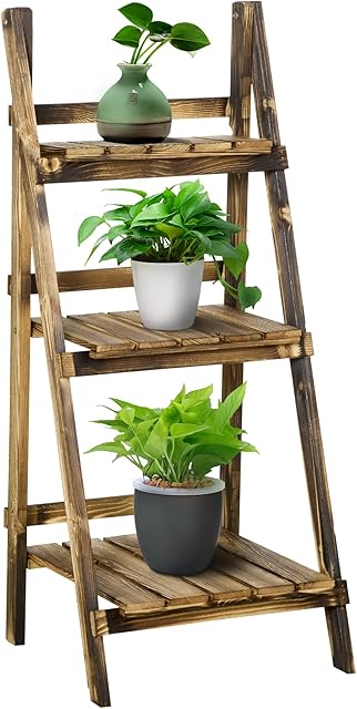 Outsunny 3 Tier Flower Stand Wood Folding Planter Ladder Display Shelf Rack for Garden Outdoor Backyard 40Lx37Wx93H(cm)