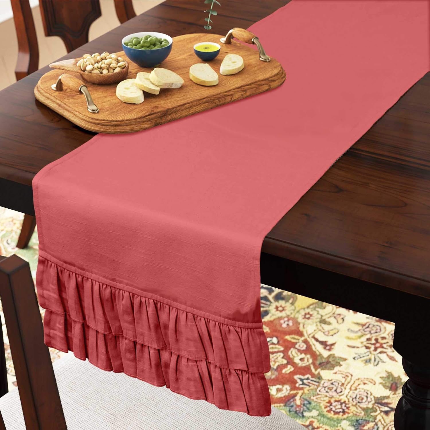 Pink Home Decor Stylish Wedding Party Holiday Table Setting Decor Solid Double Frill Table Runner-14 x 108 Inch