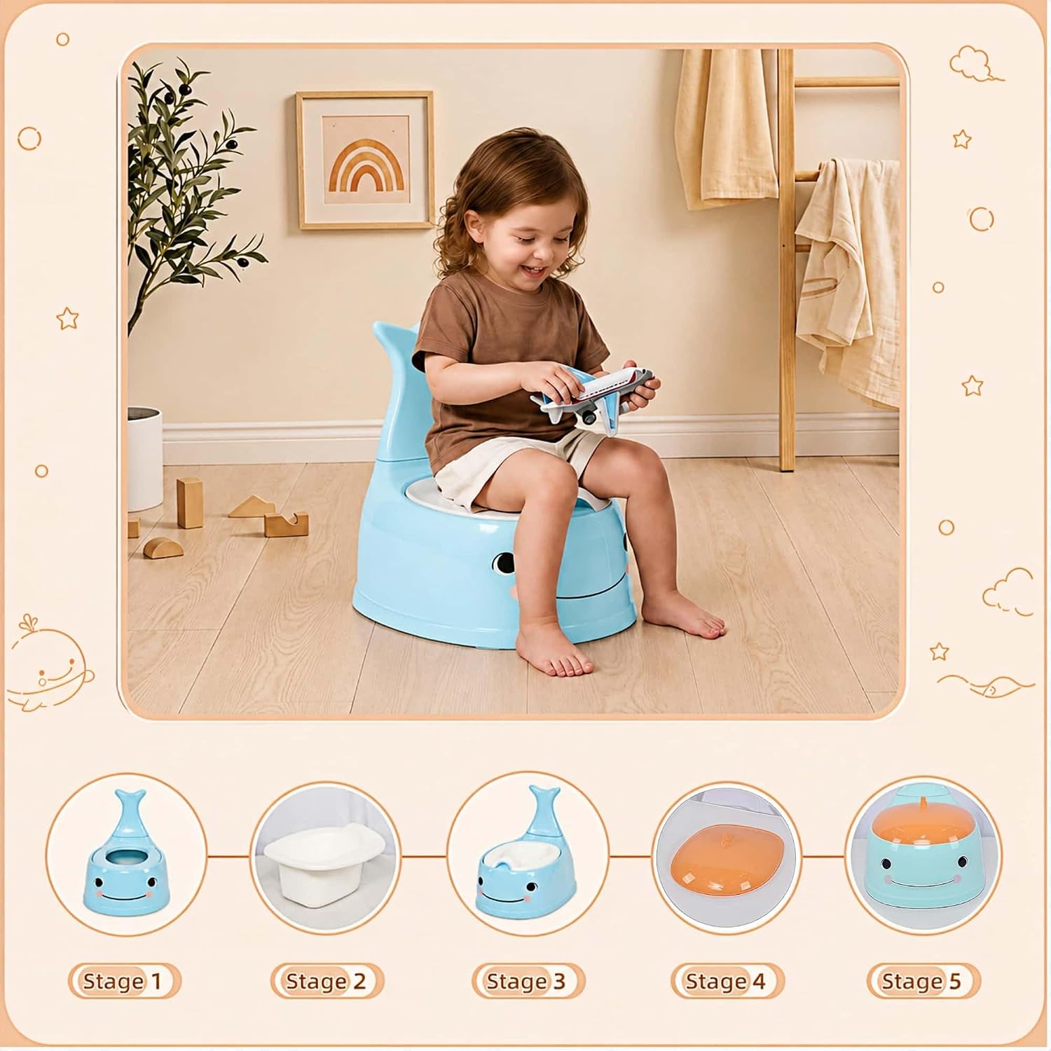 potty training toilet Baby Potty Training Toilet Seat for Toddlers，Whale Potty Chair with Lid, Back Support & Splash Guard, Non-Slip Kids Toilet Trainer for Boys Girls Ages 1-3(Blue)