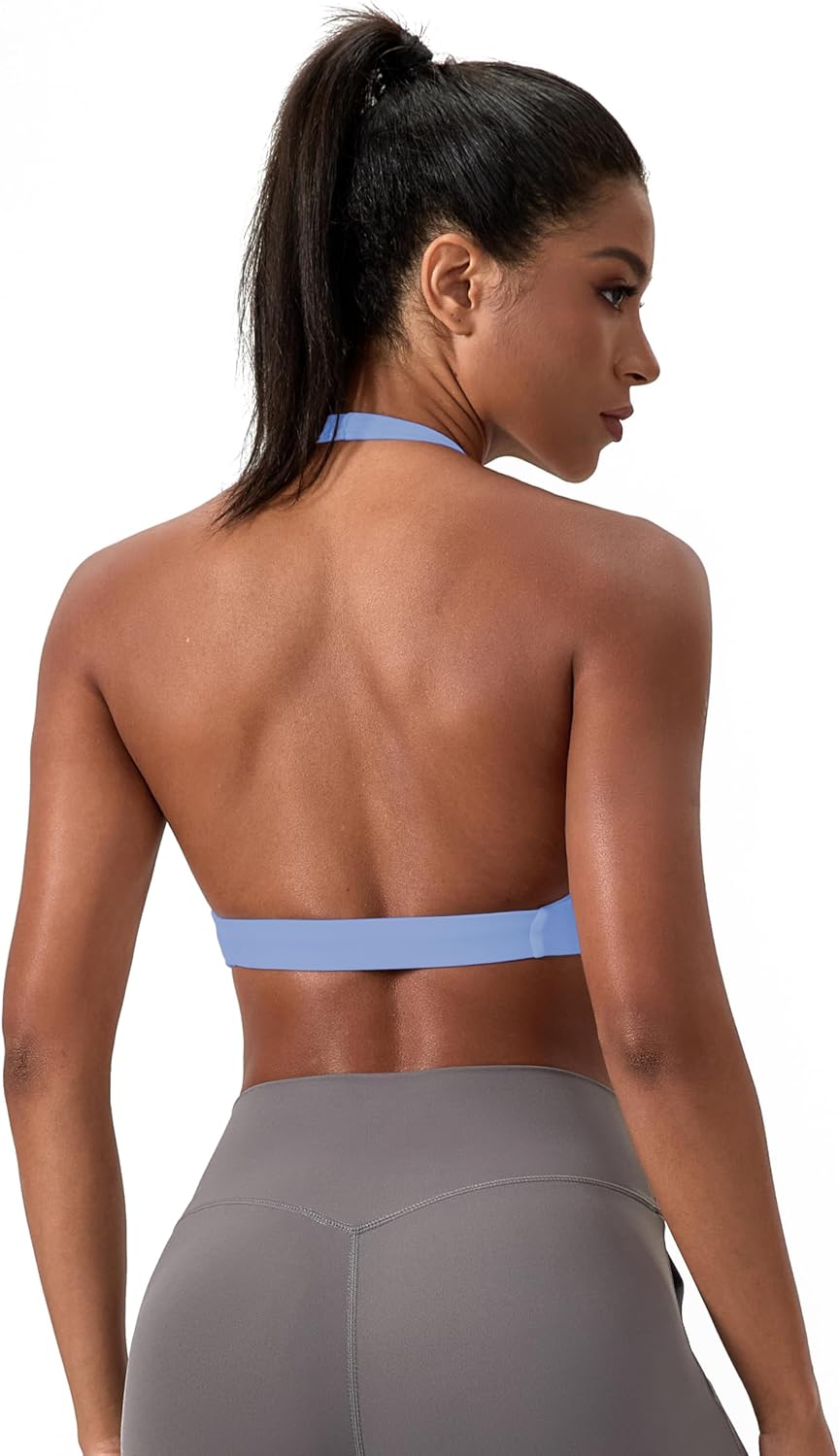 Sports Bra for Women Seamless Halter Padded Yoga Bras Open Back Gym Low Impact Workout Crop Tank Top - Image 3