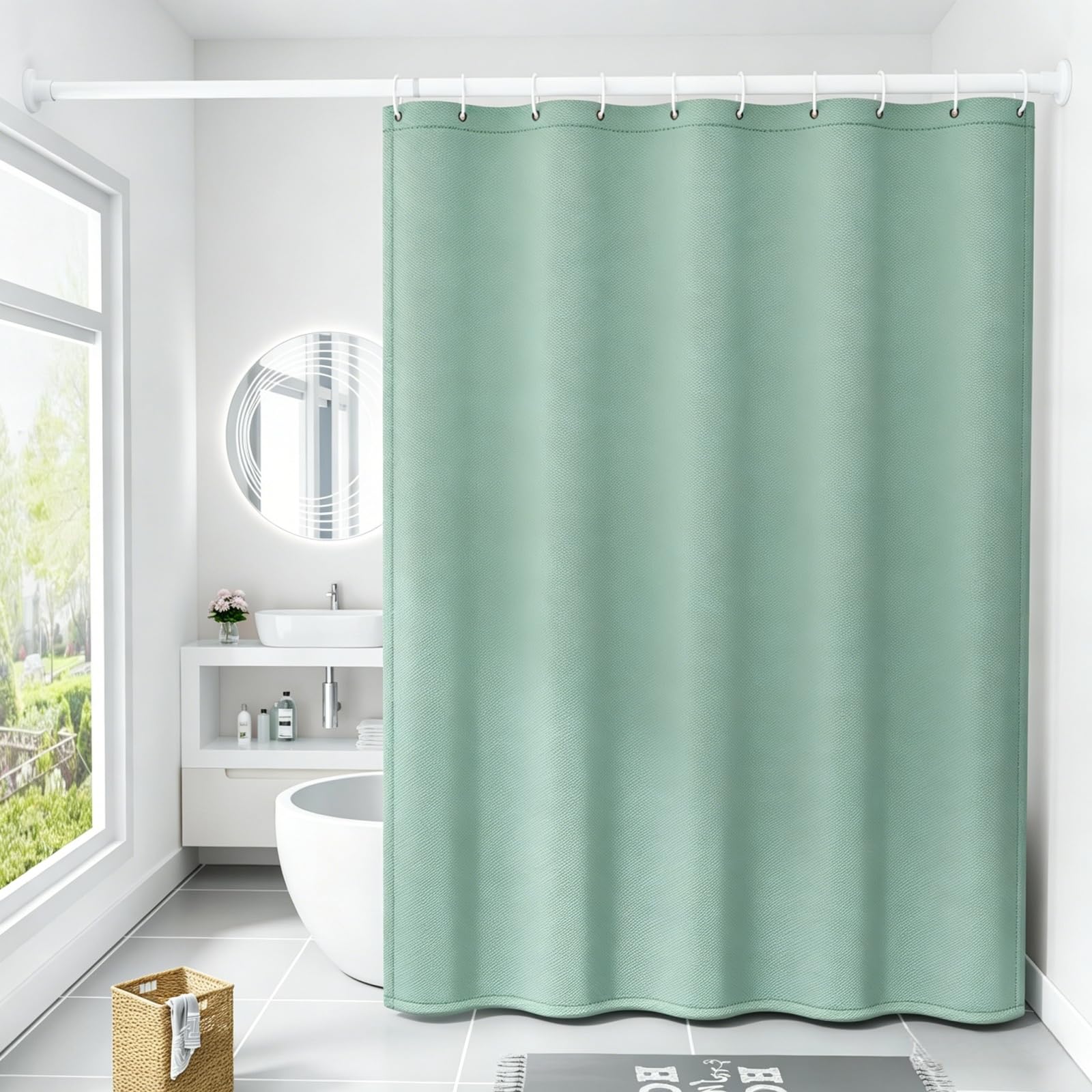 Rideaux de Douche 160 x 130 cm Anti Moisissure Rideaux Baignoire avec 12 Crochets pour Baignoire Cabine de Douche, Vert
