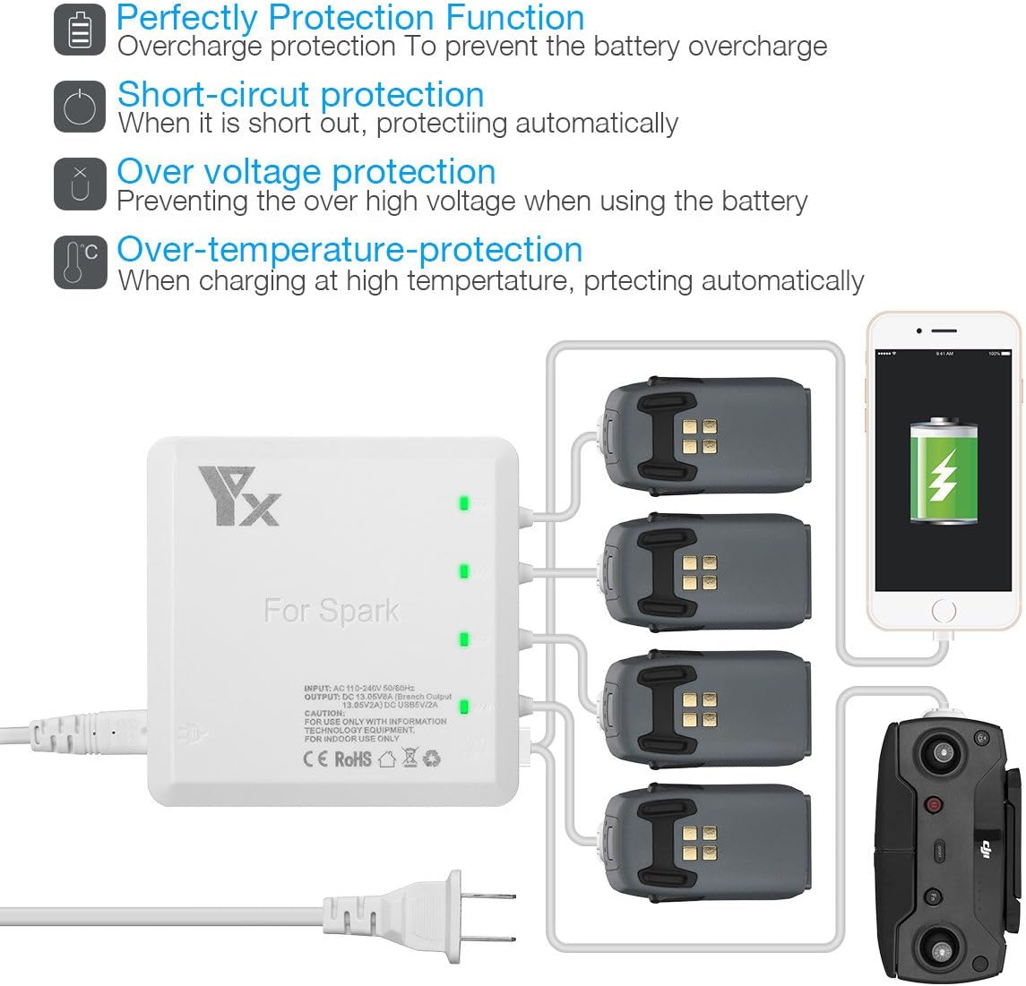 [UPGRADE] Powerextra Spark 6 in 1 Rapid Intelligent Multi Battery Charger Hub (Charge 4 Batteries Simultaneously & 2 USB Ports) + LiPo Battery Safe Bag (2 Batteries Capacity) Compatible with DJI Spark