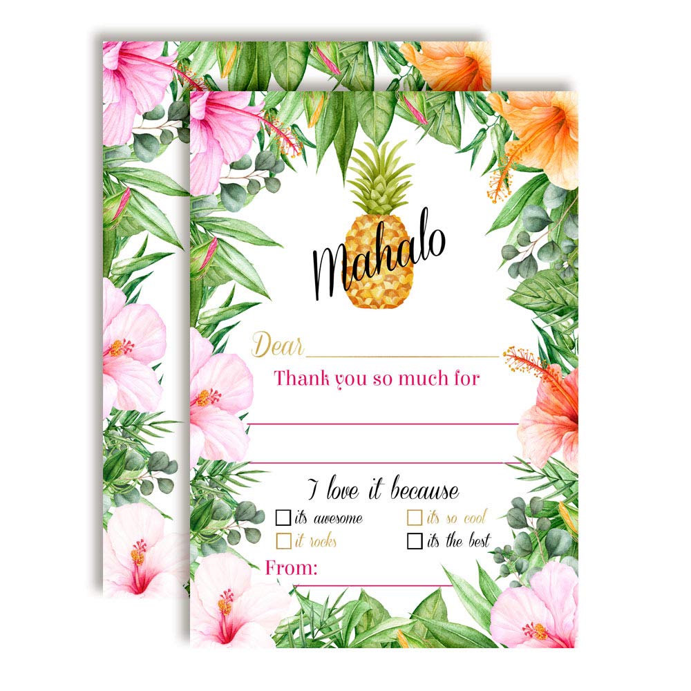Mahalo Watercolor Tropical Pineapple-Themed Thank You Notes, Ten 4" x 5.5" Fill In The Blank Cards with 10 White Envelopes by AmandaCreation