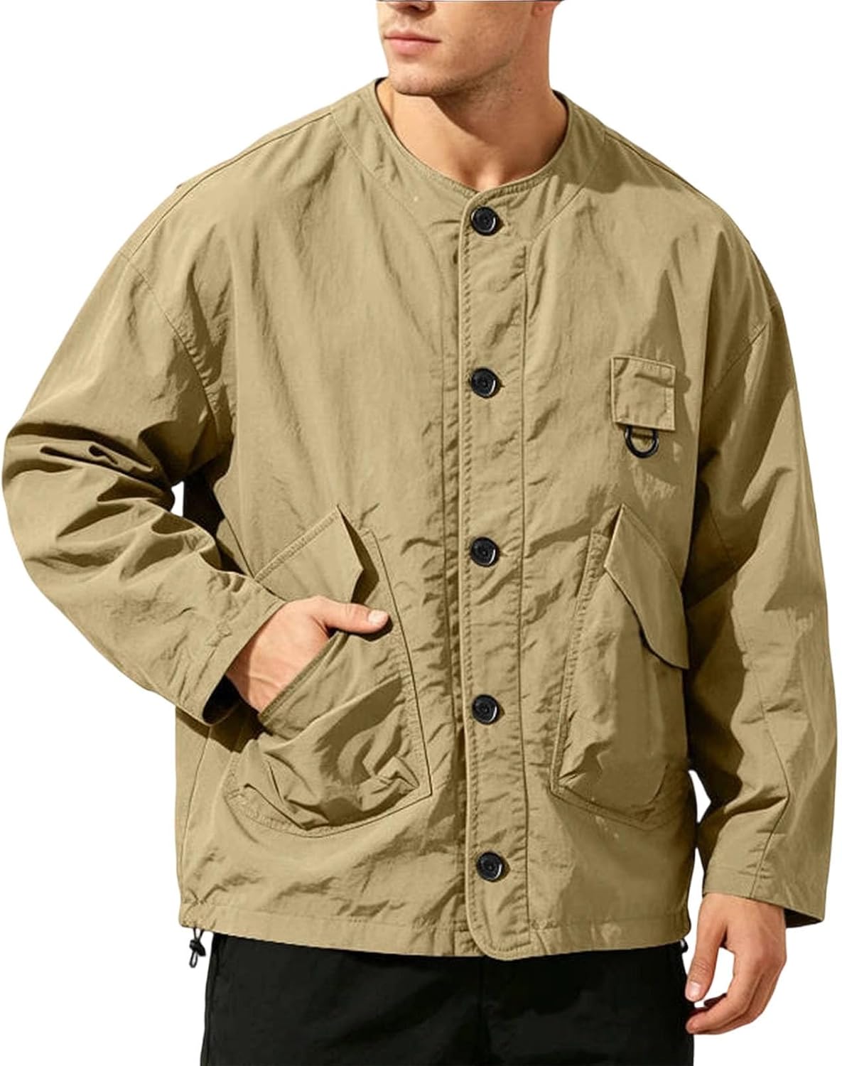 Men's Collarless Utility Jacket, Multi-Pocket, Lightweight Work Coat