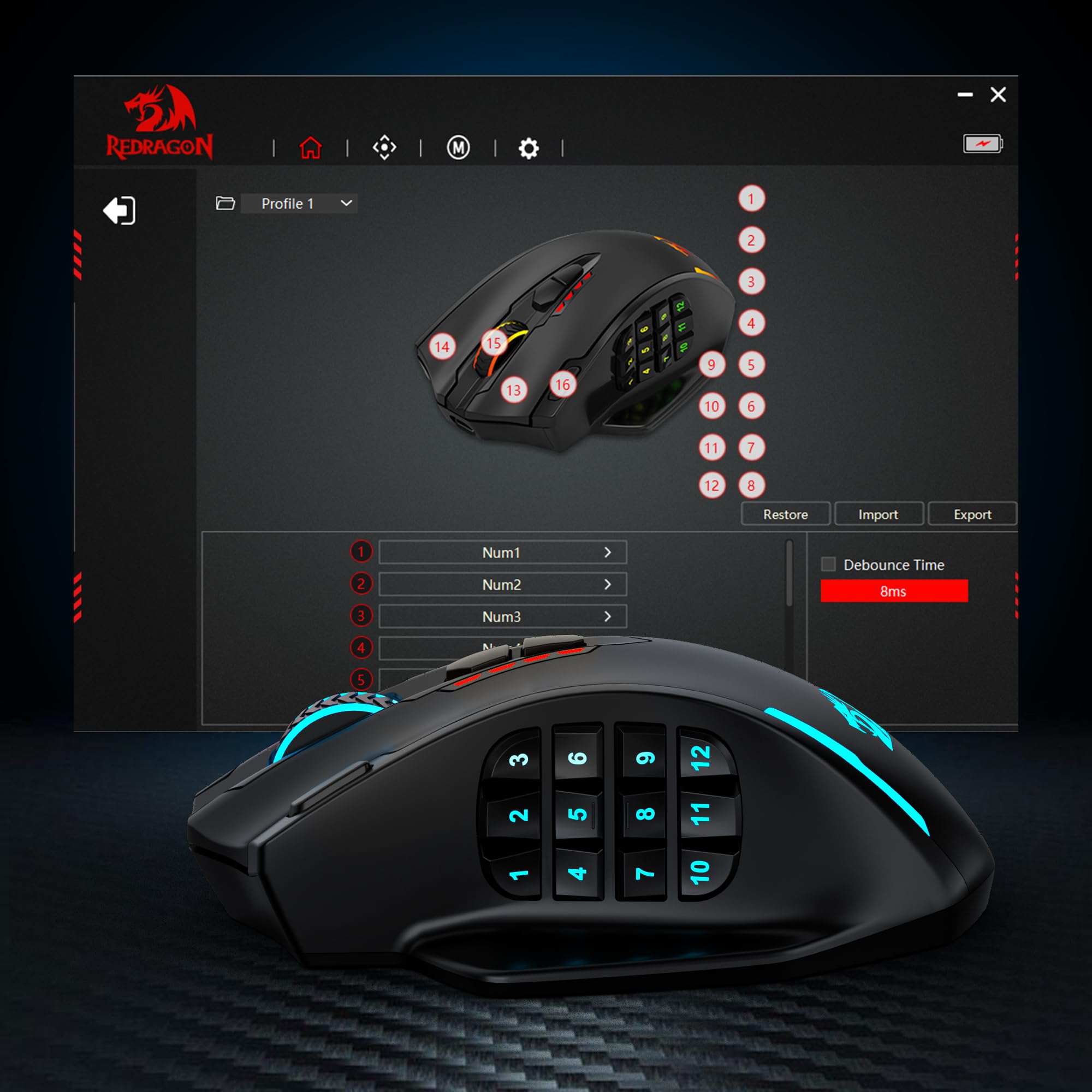 Redragon M913 Max Souris MMO sans Fil 26000 DPI 16 Boutons | souris gaming MMO optique sans fil 26000 DPI 16 boutons programmables BT 2.4G support logiciel