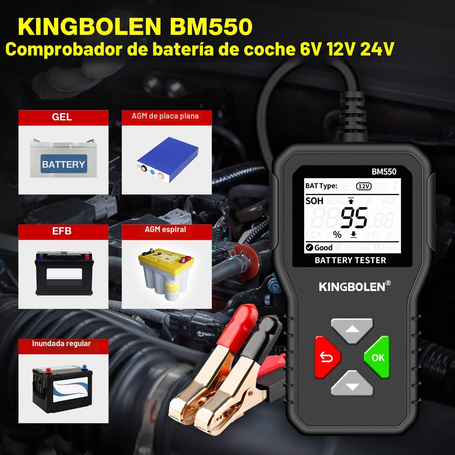 KINGBOLEN Comprobador de baterias de coche 24V/12V/6V, BM550 2-220Ah 100-2000 CCA arrancador baterias coches comprobador de pilas para coche Motocicleta ATV SUV Barco Sistema de prueba y arranque