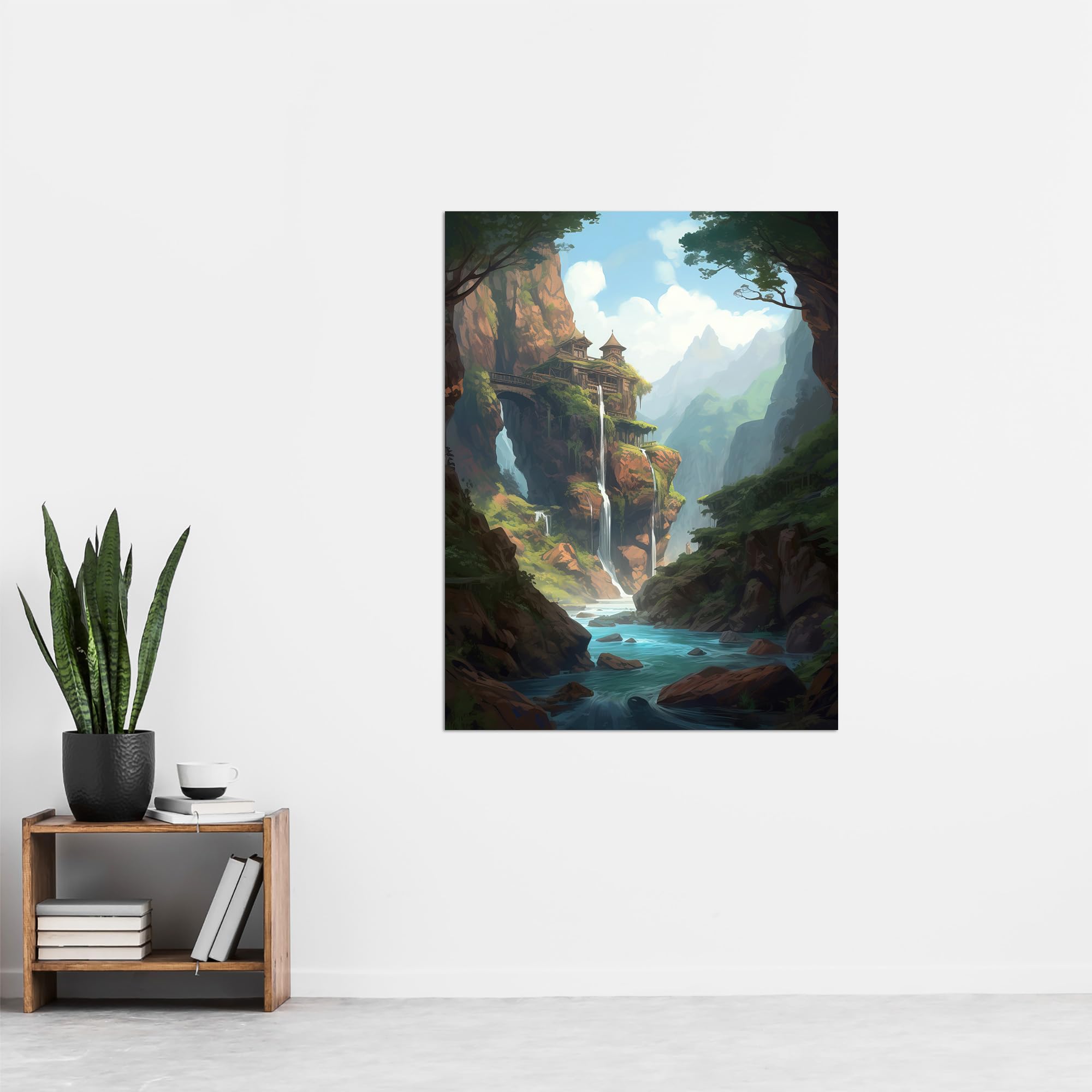 Artery8 Fortress on a Waterfall Cliff Concept Art Painting Fantasy Kingdom Entrance in Enchanted Forest Extra Large XL Wall Art Poster Print - Image 4