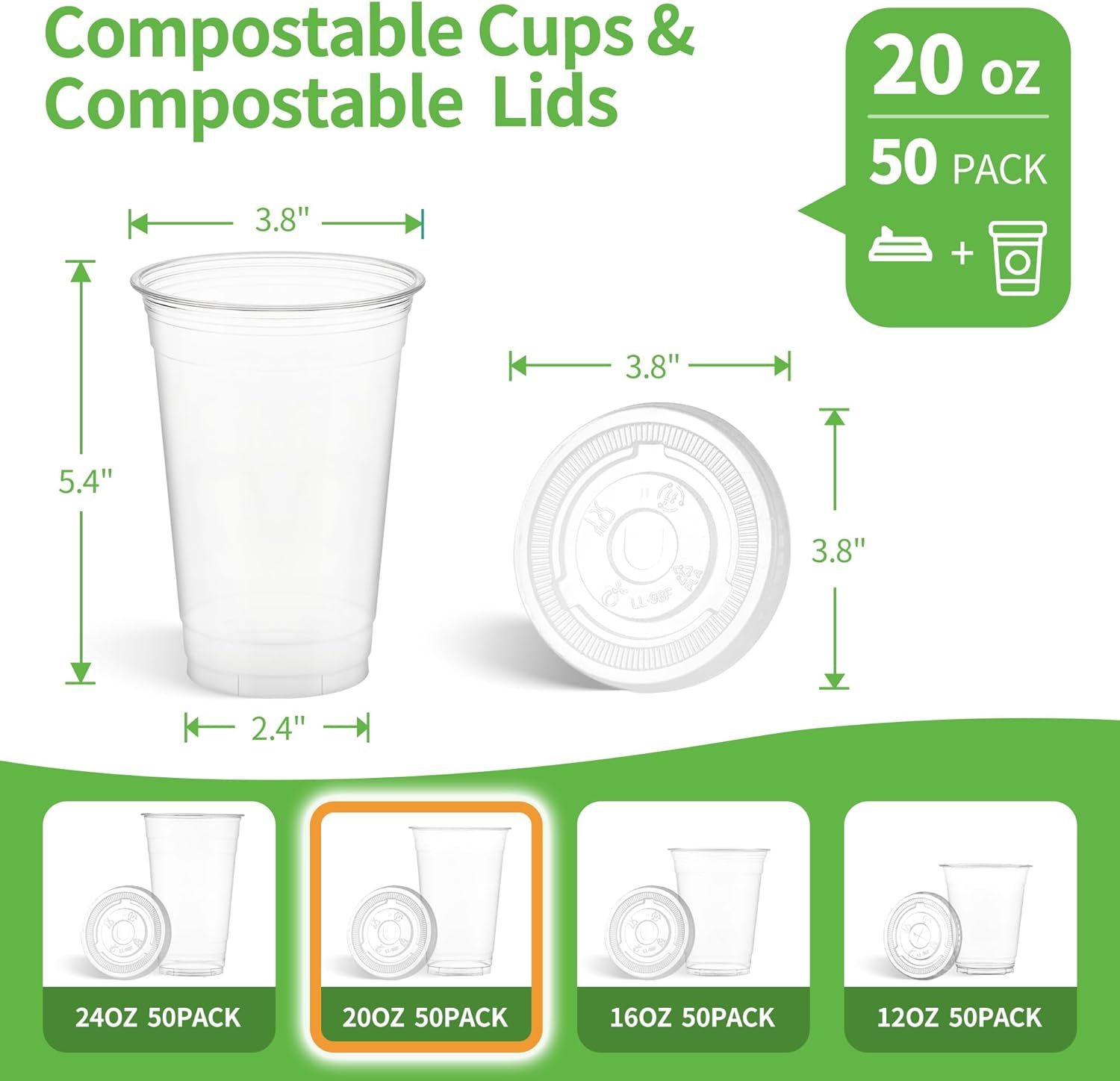 PLA 20 OZ Compostable Clear Plastic Disposable Iced Coffee Cups with Flat Lids, Biodegradable Cold Drinking To Go Coffee Cups for Party, Smoothie, Boba Tea, Slushy, Milkshake 50 Sets - Image 7