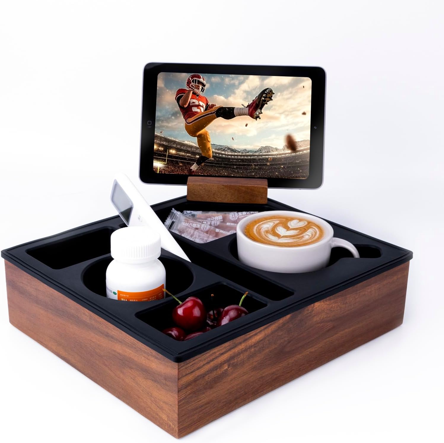 Couch Cup Holder Tray, Hitseon Soft Food Grade Silicone Acacia Wooden Couch Caddy for Bed Car Seat Beach Organizer, Anti-Spill Couch Drink Holder for Snacks Beverage Remote (Black, 11.5 * 10 * 3 in)