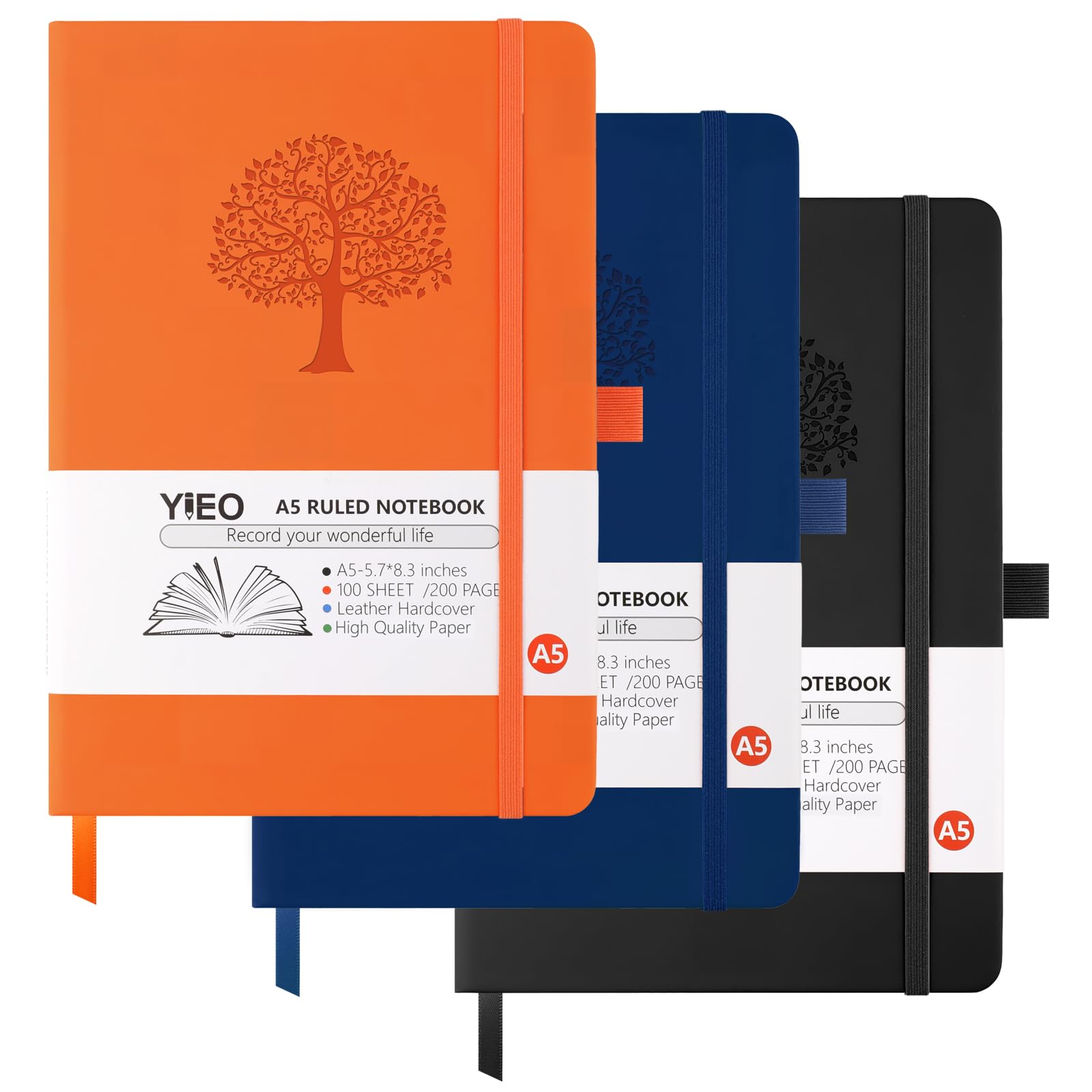 YIEO A5 Journal Notebook, 3 Pack Leather Notebook Journal for Men/Women, Hardback Note Book with 80GSM Lined Paper, No Bleed for Writing, Notepad for Office School Supplies (Black, Darkblue, Orange)