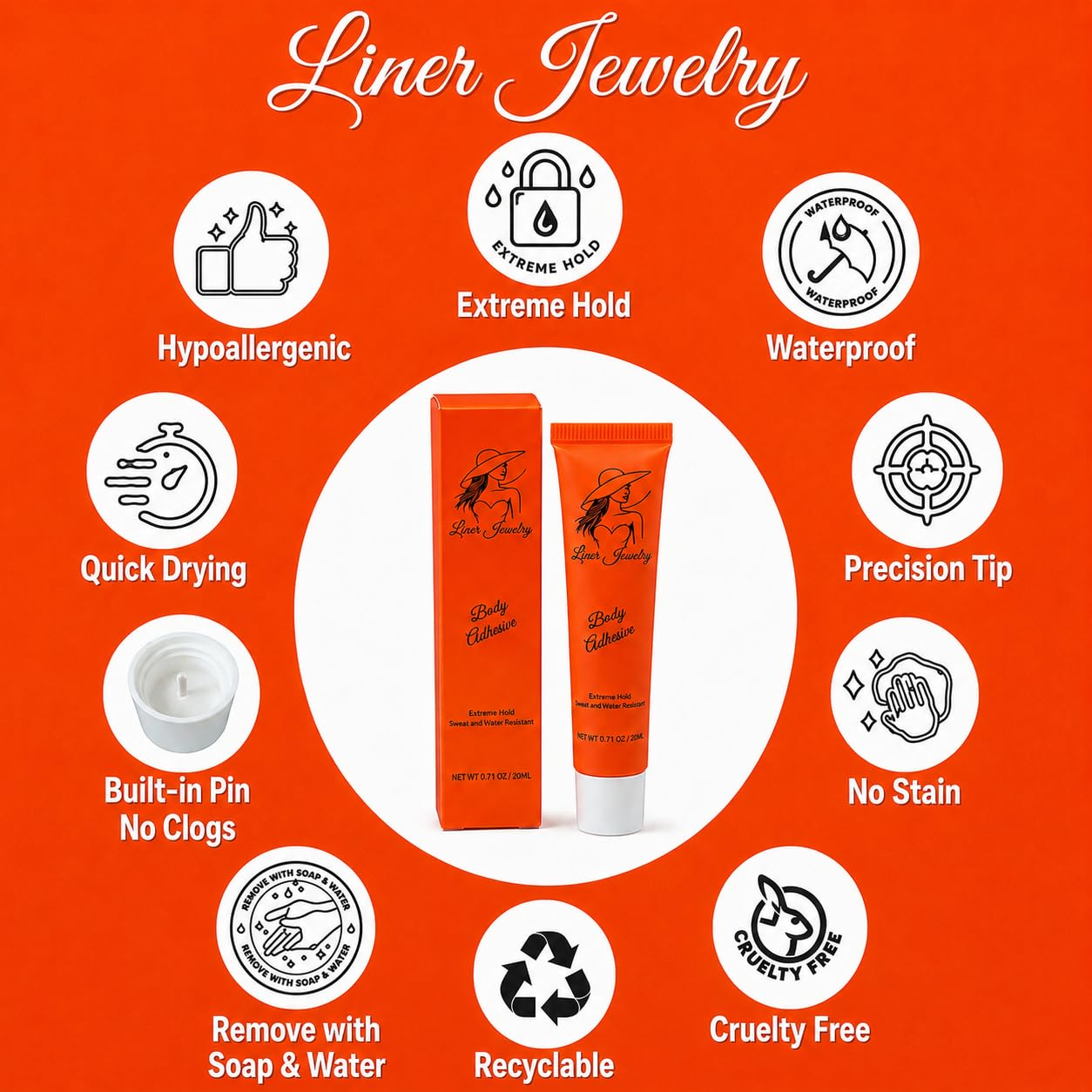 Body Adhesive for Jewelry, Gems, Body Decorations, Clothing & Accessories | Skin-Safe, Sweat-Resistant | For Festivals, Weddings, Concerts, Raves, Special Events & Daily Wear | Liner Jewelry | 20 mL