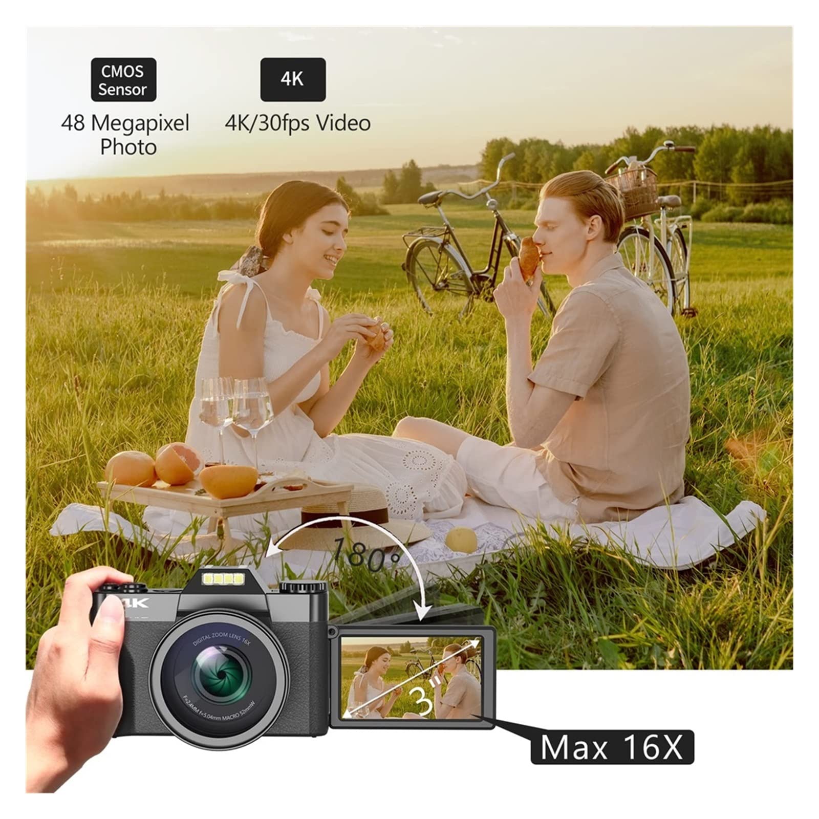 Cámara de Video, Cámaras fotográficas con Lente Macro Gran Angular for Selfie Videocámara Digital de 48MP Cámara Web Zoom 16X Grabadora fotografía Enfoque automático(NO TF Card,with Fliter)