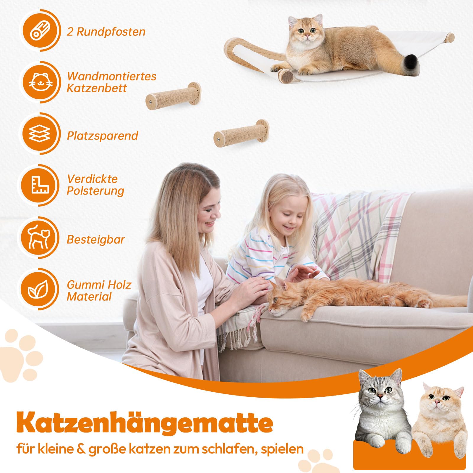 Amaca per Gatti da Montare a Parete, Set Parete Arrampicata in Legno con Scala – Culla Stabile, Mobili per Gatti Scompatto per Dormire, Arrampicarsi (+2 Scale)