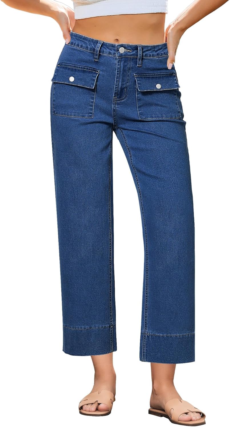 GRAPENT Wide Leg Jeans for Women Trendy High Waisted Straight Leg Cropped Stretchy Denim Pants with Retro Patch Pockets