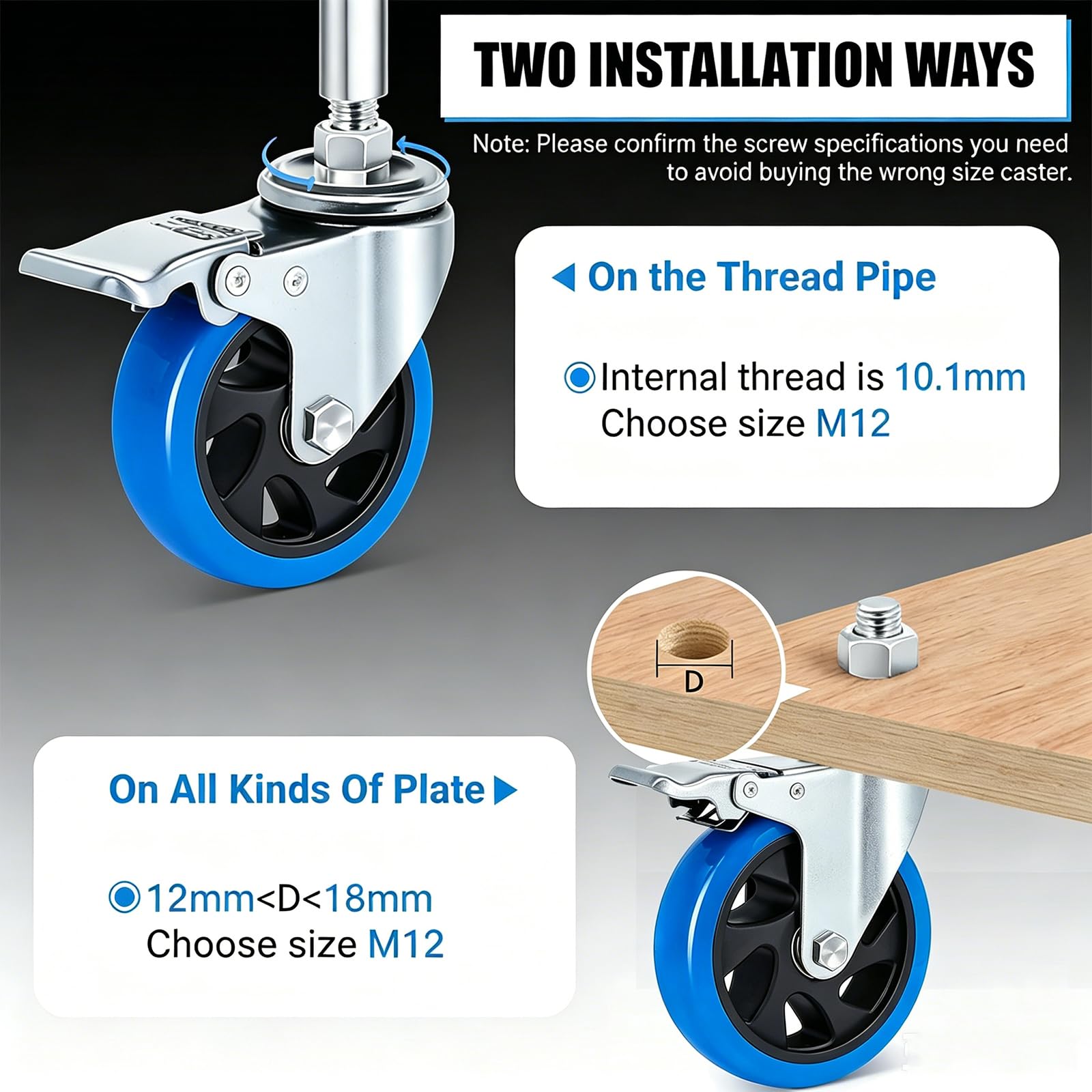 100MM Ruedas para Muebles Pesados con Vástago Roscado M12 x 1,75x 30mm, Juego de 4 Ruedas Giratorias con Freno Hasta 500kg, Ruedas Pivotantes Ruedas Industriales Giratorias 360°