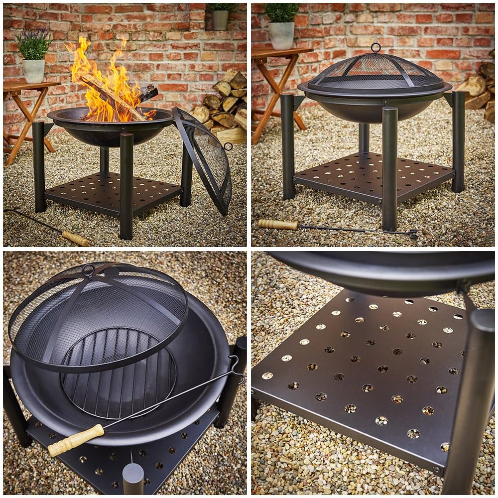 Deuba Braciere Rotondo Ø 55cm Attizzatoio Parascintille Ripiano Portaoggetti Camino Giardino Stufa