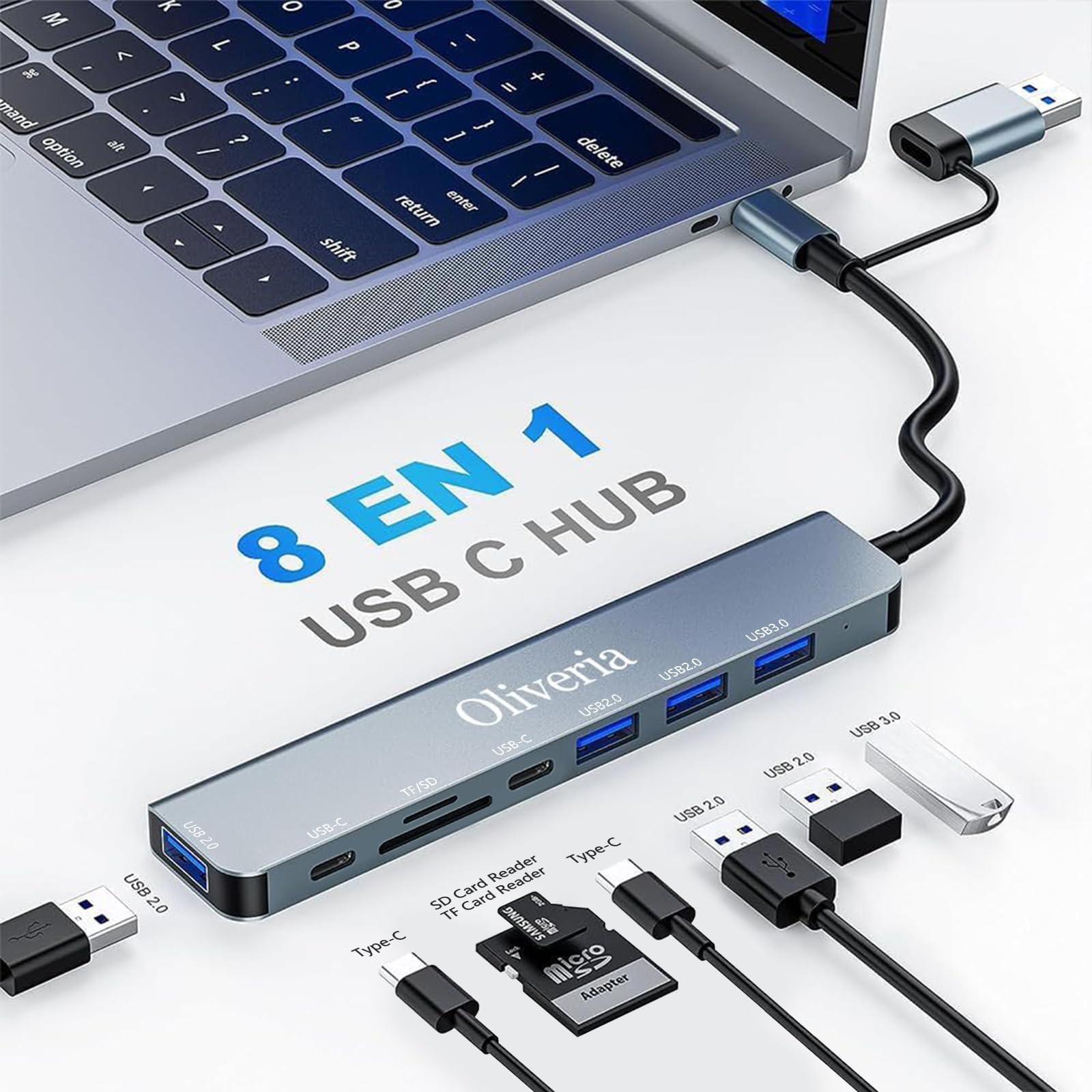 Oliveria Hub USB C 3.0, adattatore multiporta hub USB 3.0 8 in 2 con lettore di schede SD e TF, porte USB 3.0 e USB 2.0, porta USB-C, hub USB tipo C per MacBook Air/Pro, Galaxy, iPad, Windows, ecc.