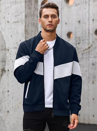 HYPESTFIT Men's Lightweight Bomber Jacket Color Block Varsity Coat Casual Jacket