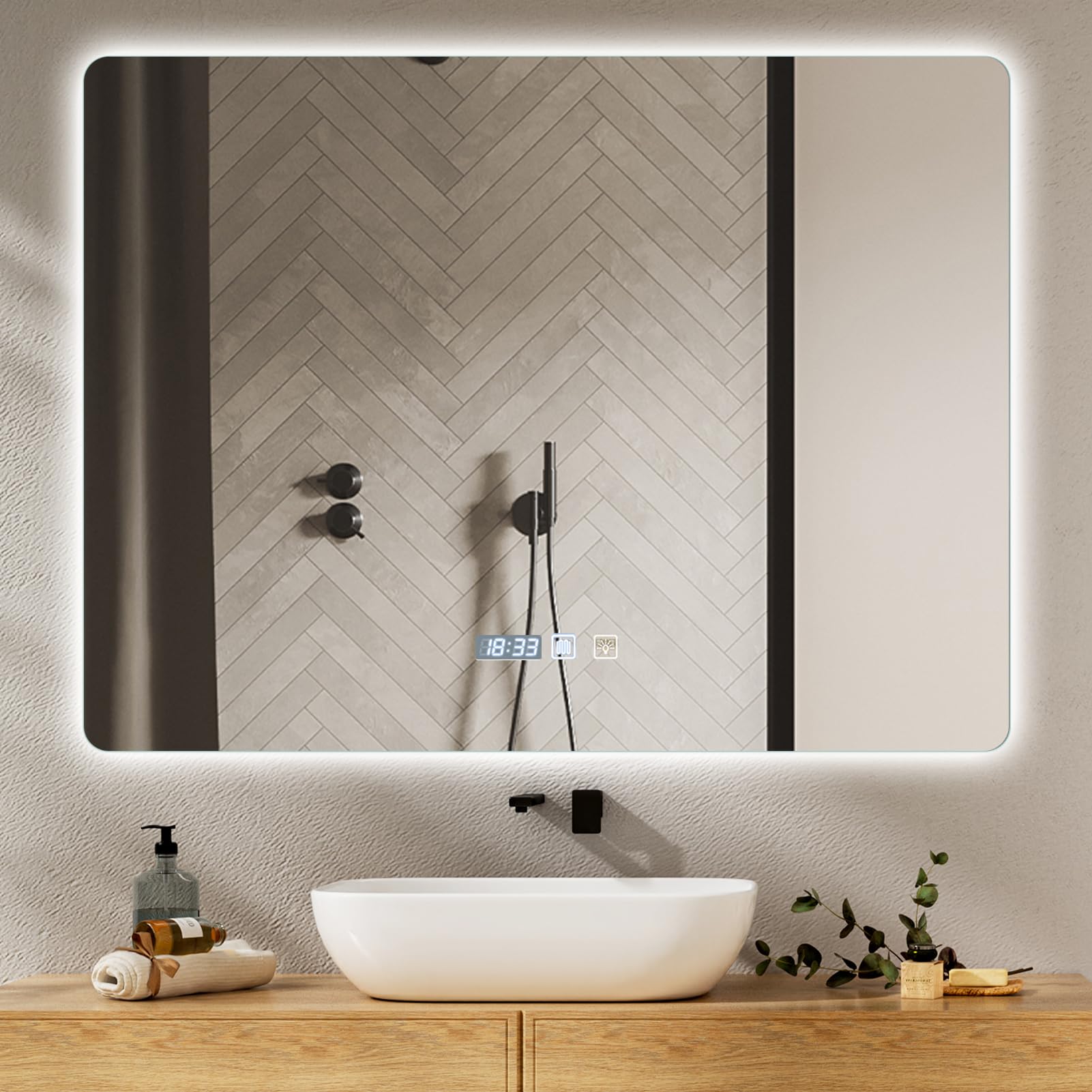 Espejos de Baño con Luz LED 80 x 60 cm, Espejo Baño con luz Regulable de 3 Colores, Función Antivaho, Ajuste de Brillo, Interruptor Táctil