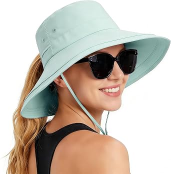 Rosoz Women Sun Hat with Ponytail Hole Wide Brim Bucket Hats UPF 50+ Beach Hiking Gardening Hat Water-Resistant Outdoot Hat