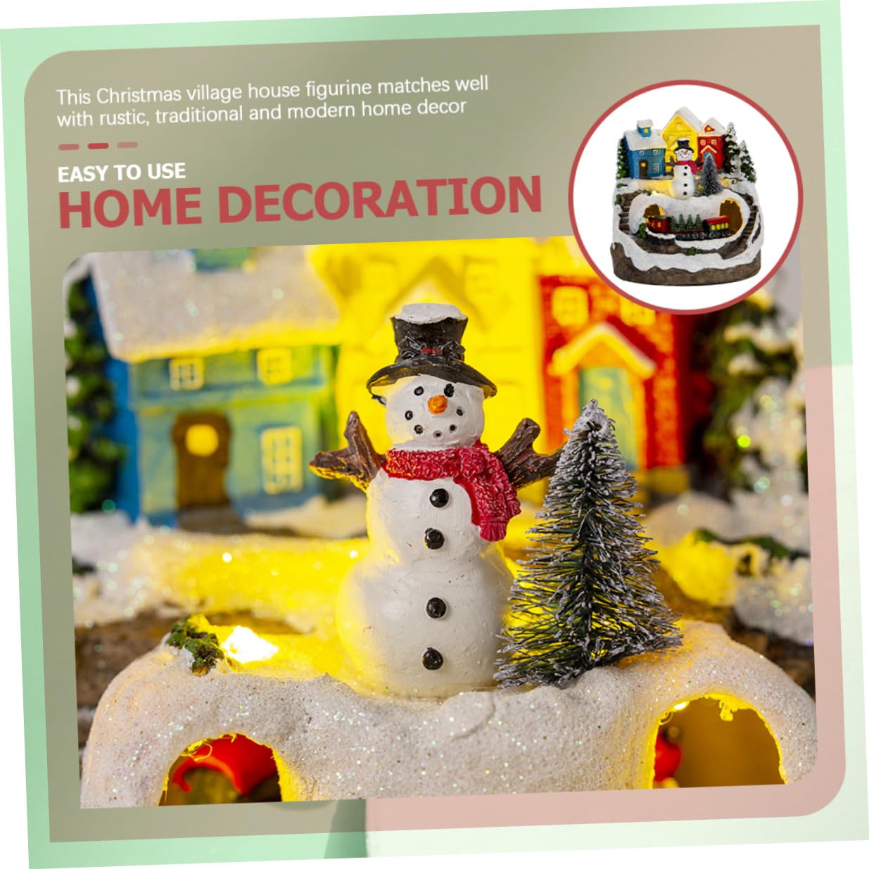 BESTYASH Statuina Casa Natalizia Illuminata con Musica e Trenino Decorazione da Scrivania Compatta per Feste di Natale Regalo per Anniversario Decorazione Villaggio in Miniatura