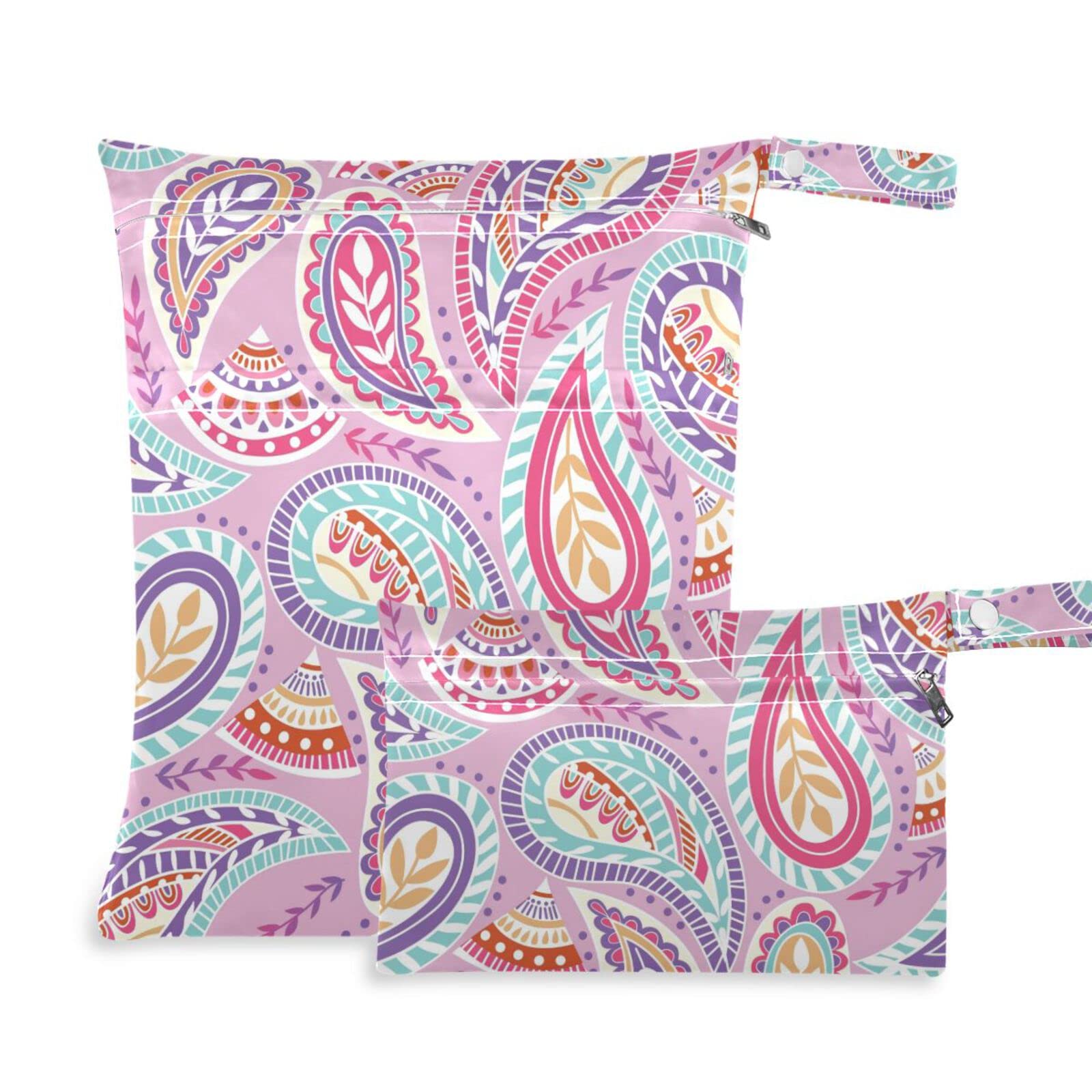Kigai 2pcs Pink Paisley Wet Dry Bags,Waterproof Reusable Cloth Diaper Wet Dry Bags for Travel,Diapers,Dirty Gym Clothes and Toiletries