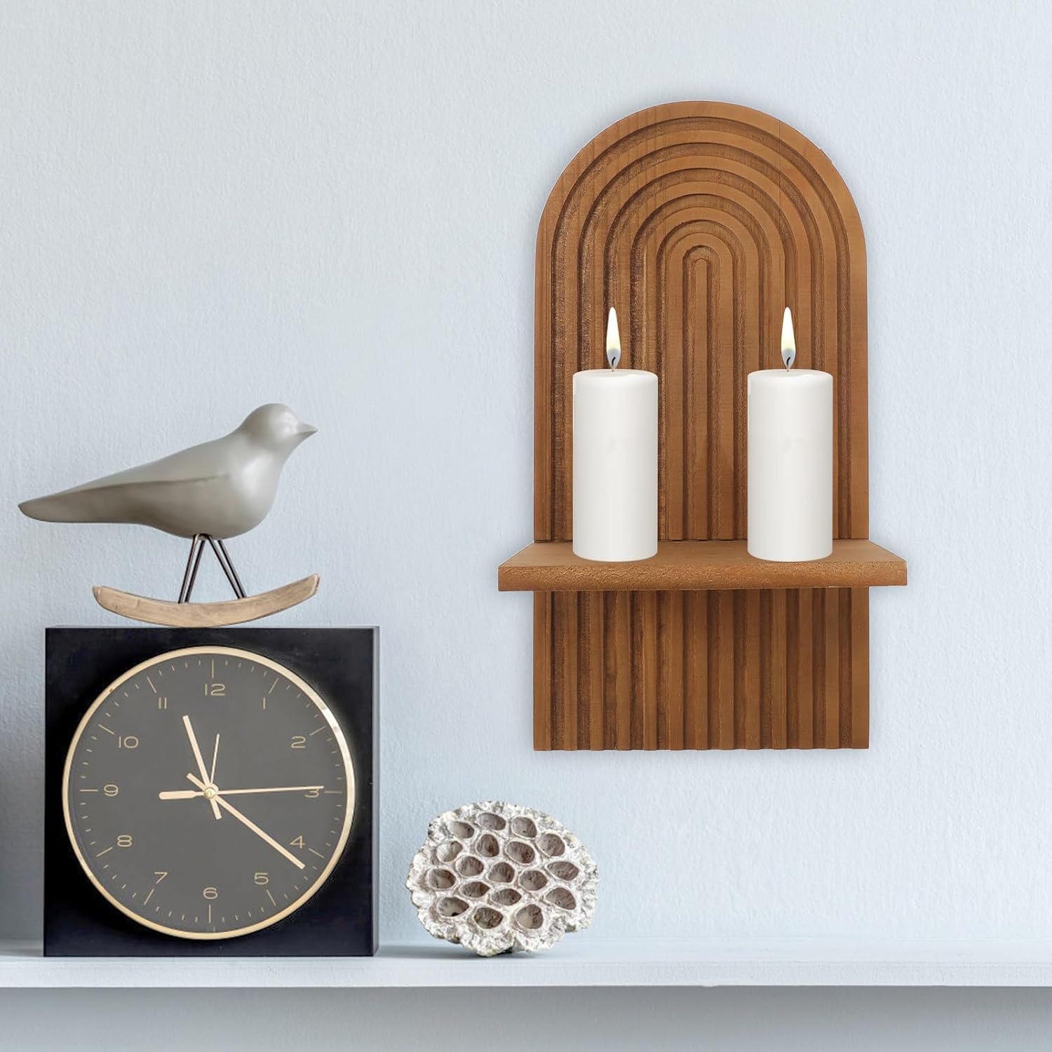 Boho Wall Shelf Wooden Candle Sconce for Bedroom Rustic Coffee Decor